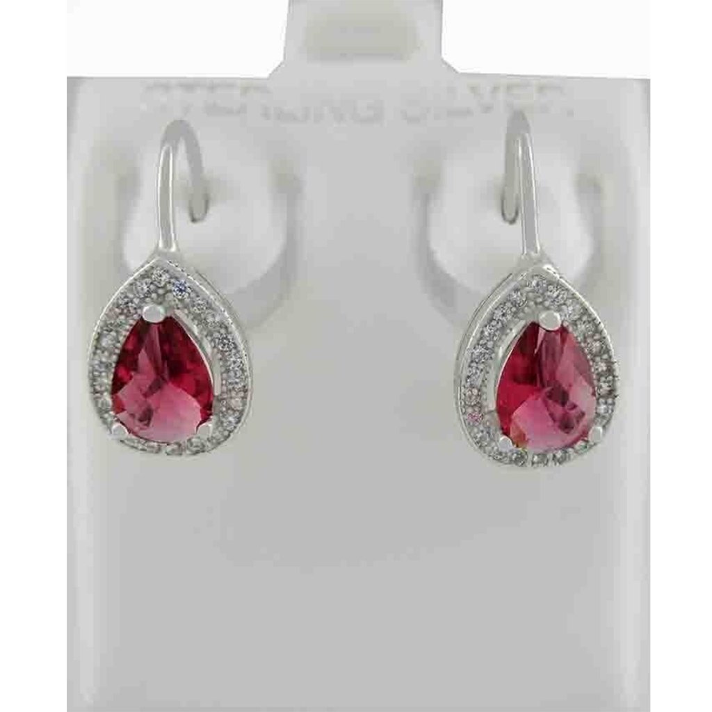 Lab Created Rubies 1.04 Cts & White Sapphire Dangling Earrings .925 Silver